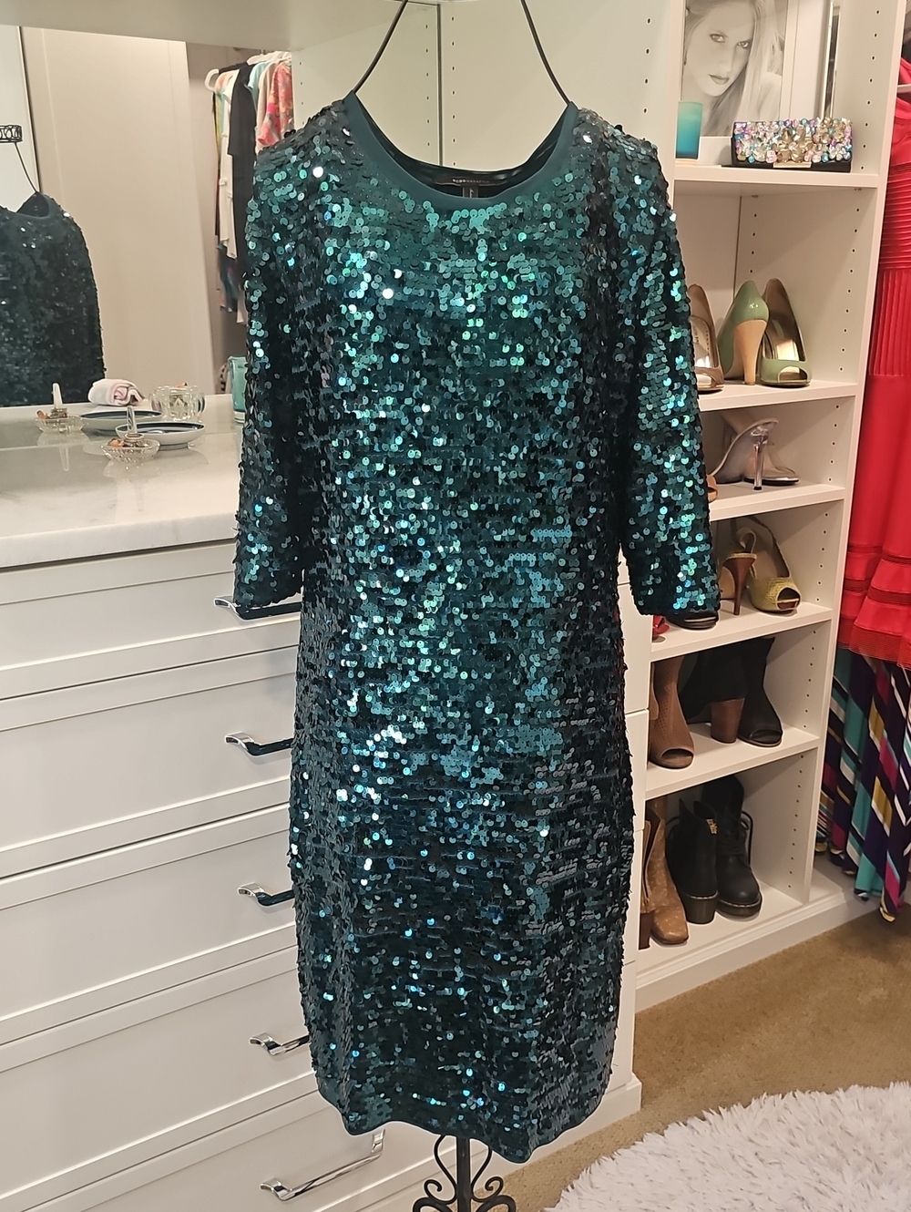 BCBG Teal Sequin Midi Dress with Three-Quarter Sleeves